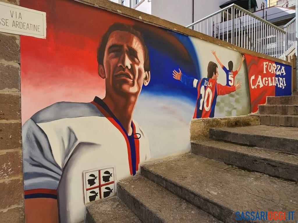 murale Le immagini di Gigi Riva, Gianfranco Zola e Daniele Conti su un muro di Chiaramonti