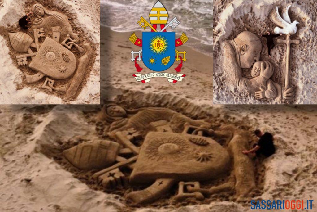 Platamona, Nicola Urru dedica una scultura di sabbia a Papa Francesco