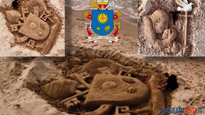 Platamona, Nicola Urru dedica una scultura di sabbia a Papa Francesco