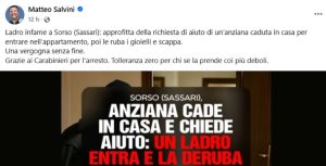 Anziana derubata in casa a Sorso, interviene Matteo Salvini