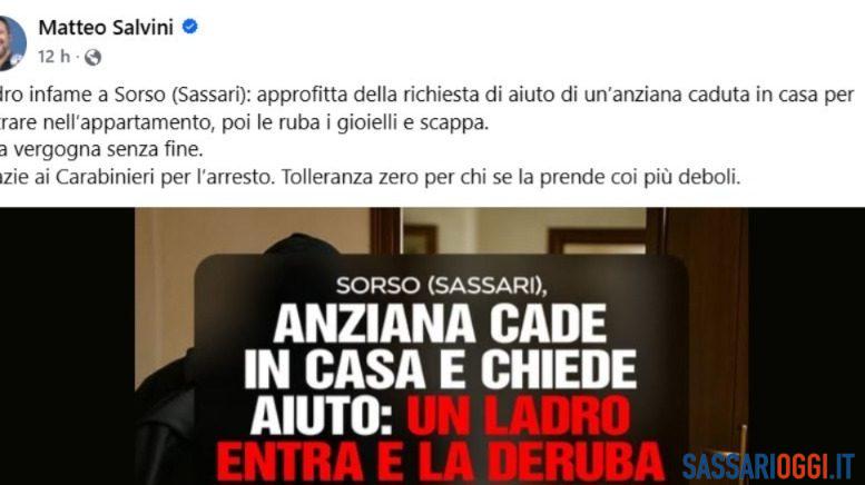 Anziana derubata in casa a Sorso, interviene Matteo Salvini