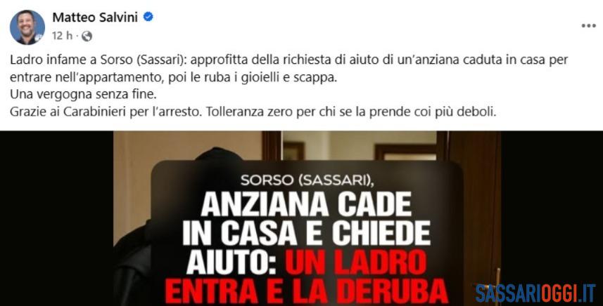 Anziana derubata in casa a Sorso, interviene Matteo Salvini