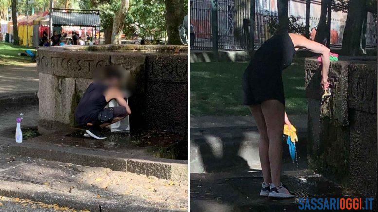 Lavano le pentole e i panni nella fontana monumentale di Sassari