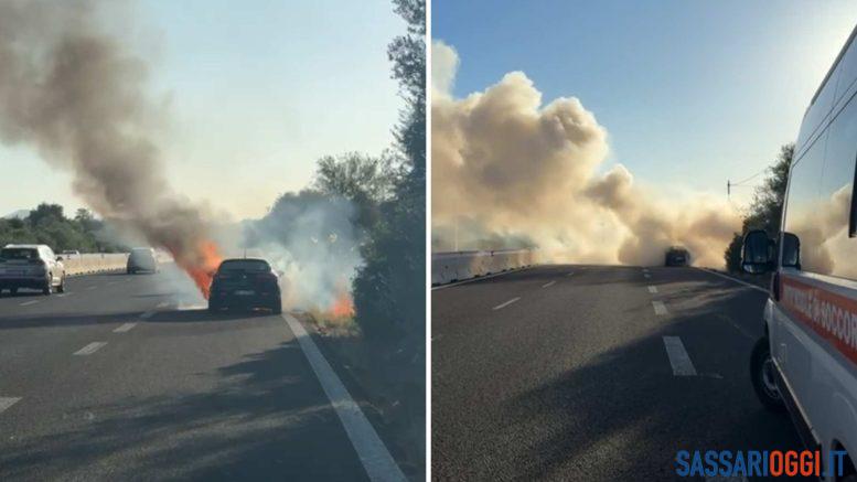 Paura sulla strada Sassari-Alghero, auto in fiamme